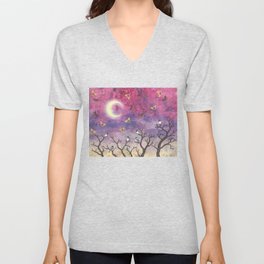 chickadees and io moths in the moonlit sky Unisex V-Neck