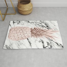 Rose Gold Pineapple on Black and White Marble Rug
