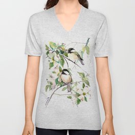 Chickadees and Dogwood Flowers V Neck T Shirt