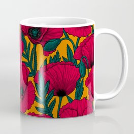 Red poppy garden    Kaffeebecher | Leaves, Vintage, Pattern, Nature, Botanical, Flower, Red, Yellow, Design, Wild 
