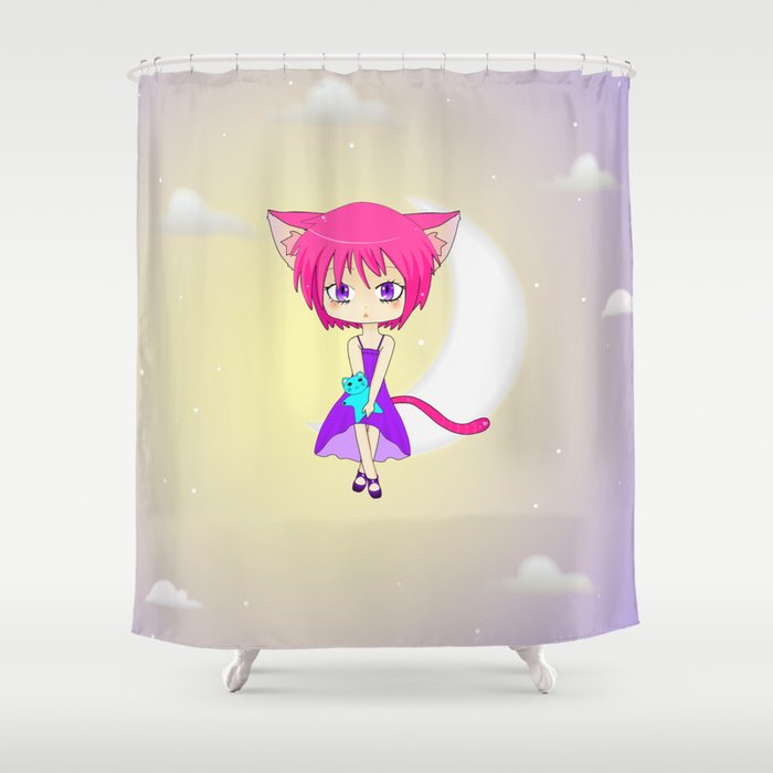 Pink Haired Neko Anime Girl Shower, Anime Girl Shower Curtains
