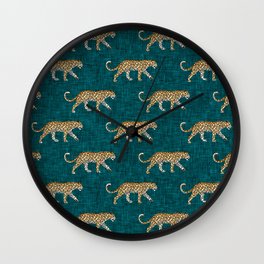 leopards walking - teal Wall Clock | Graphicdesign, Junglepillow, Junglecat, Leopard, Leopardprint, Catlover, Teal, Darkteal, Littlearrow, Leopardstalking 