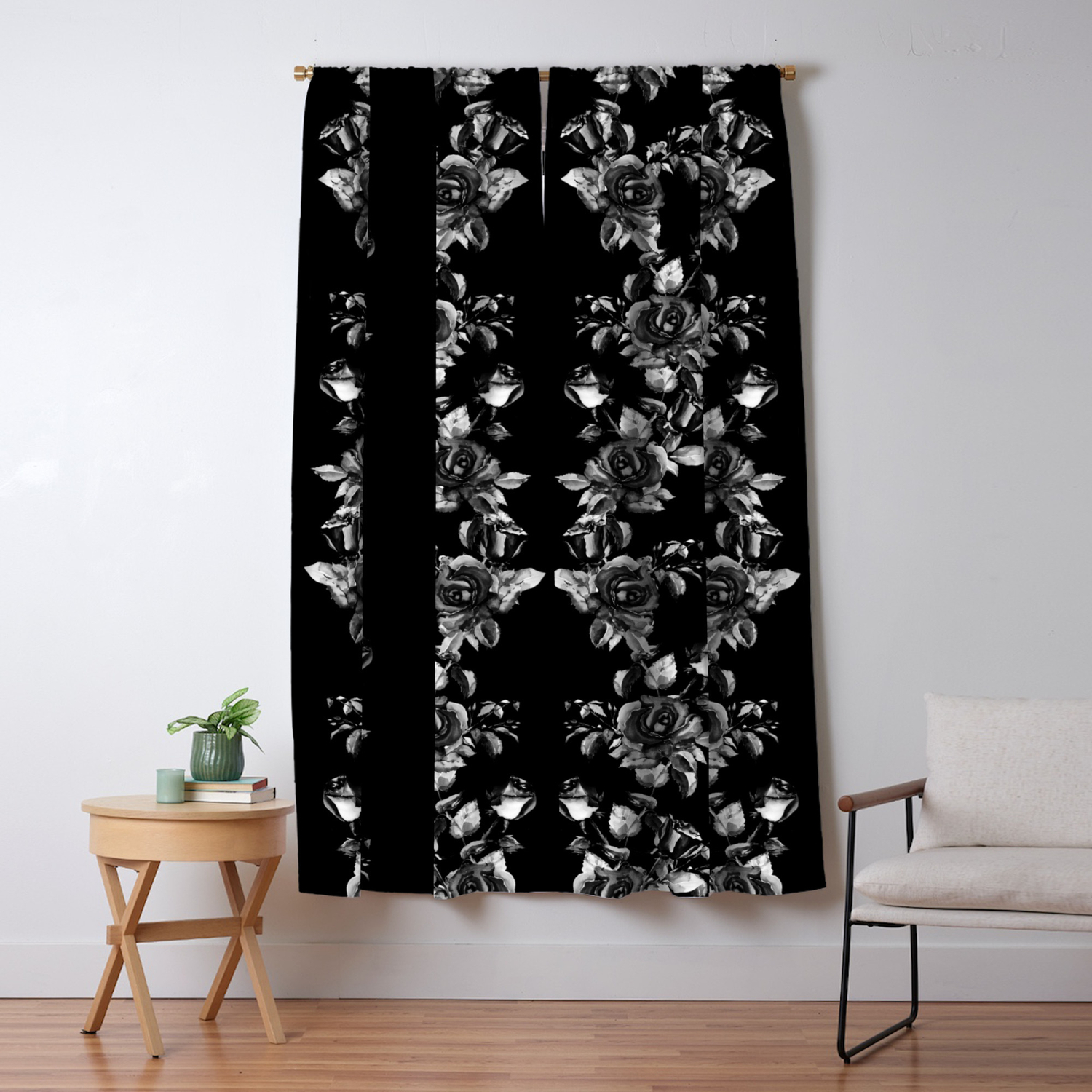 Simple Watercolor Roses With Tendrils Seamless Pattern Black White On Black Blackout Curtain By Gxp Design Society6