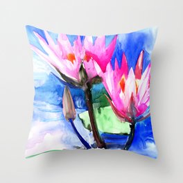 Pink Water lilies , lotus, lily pad, Bright Pink Blue Floral Throw Pillow