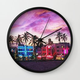 South Beach, Miami Lummas Park Twilight Pink Sunset landscape painting by Jeanpaul Ferro Wall Clock