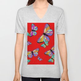 Rainbow Colored Butterflies Red art Design Unisex V-Neck