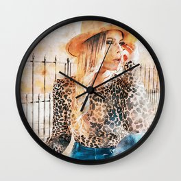 Woman In Brown And Black Leopard Long Sleeve Shirt And Blue Denim Jeans Sitting On Brown Wall Clock