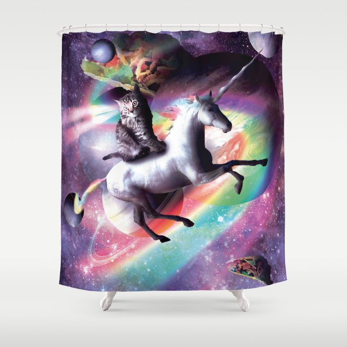 Space Cat Riding Unicorn Laser Tacos, Unicorn Shower Curtain