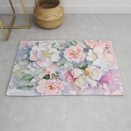 White Wild Roses Watercolor painting White Pink Rose Flower Bouquet Wedding decor Rug