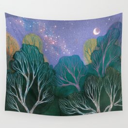 Starlit Woods Wall Tapestry | Woods, Traditionalart, Landscape, Moon, Stars, Nature, Trees, Woodland, Illustration, Galaxy 
