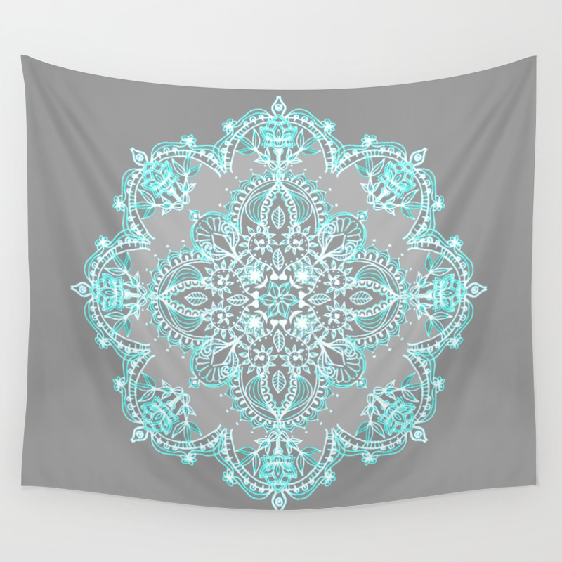 Teal and Aqua Lace Mandala on Grey Wall Tapestry by micklyn