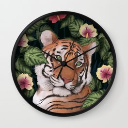 Serene Tiger Wall Clock | Watercolor, Garden, Tropical, Feline, Botanical, Painting, Digital, Jungla, Dark, Big 