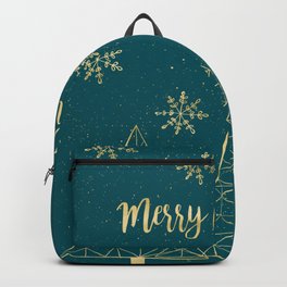 Merry Christmas Teal Gold Backpack | Ink, Tree, Elegant, Snowflakes, Decorative, Typography, Xmas, Frosty, Santa, Stars 