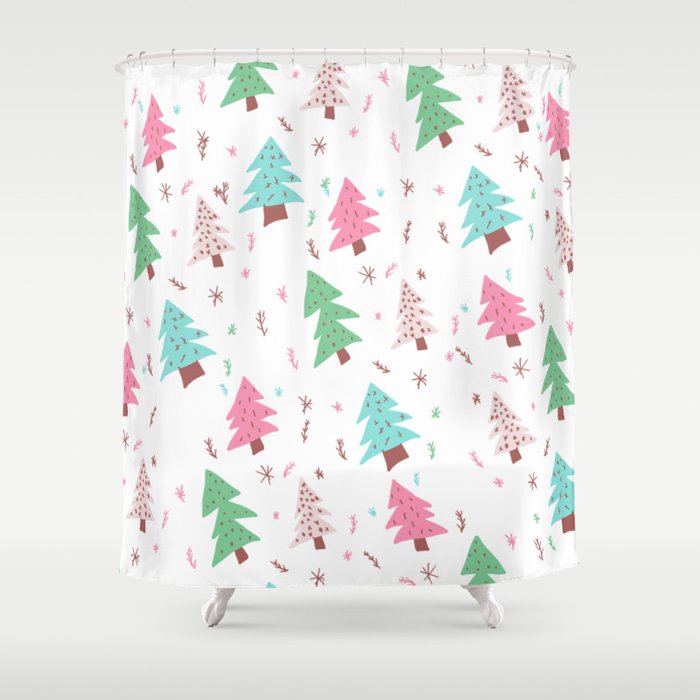 Modern Pink Green Blue Christmas Tree Snowflakes Illustration Pattern Shower Curtain By Girlytrend Society6