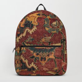 Flowery Boho Rug III // 17th Century Distressed Colorful Red Navy Blue Burlap Tan Ornate Accent Patt Backpack