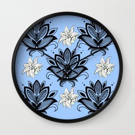 Black and White Floral Pattern Design on Blue Background Wall Clock