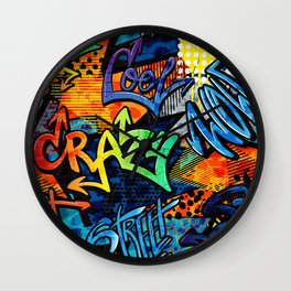 Abstract bright graffiti pattern. With bricks, paint drips, words in graffiti style. Graphic urban design Wall Clock