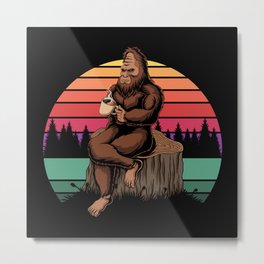 Bigfoot with coffee mug sunset retro Metal Print