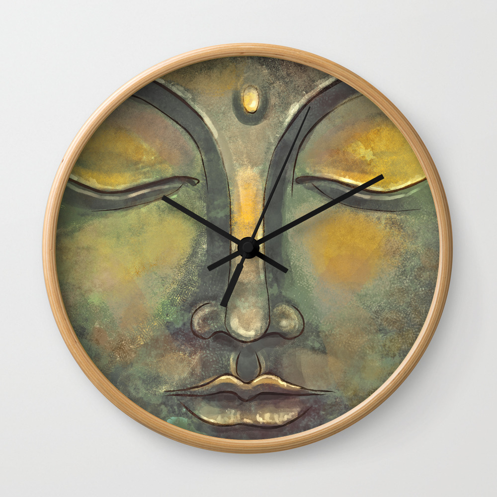 Rusty Golden Buddha Face Zen And Balance Watercolor Painting Wall Clock By Thubakabra Society6