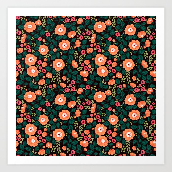 08 Floral Pattern Black Background Orange Flowers Kunstdrucke Von Ann And Pen Society6