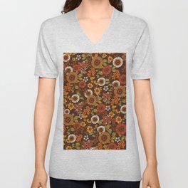 70s retro ditzy flowers, boho, browns, orange, hippie V Neck T Shirt