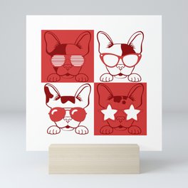 Frenchies with Glasses Red Mini Art Print