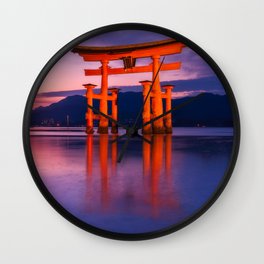 Wonderful sunset colors at the famous floating Torii Gate on Miyagima Island, Japan. Wall Clock