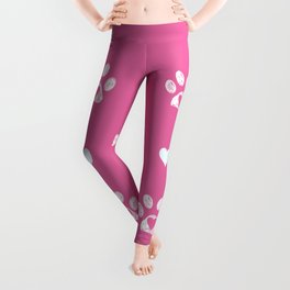 White doodle paw prints with pink hearts and pink background Leggings