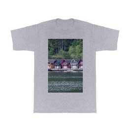 Wonderful landscapes in Norway. Vestland. Beautiful scenery of coloured houses facing the spectacular Sognefjord. Rainy day T Shirt | Mauriziofabbroni, Harbour, Boat, Reflection, Traditional, Color, Scenery, Tranquil, Coastline, Photo 