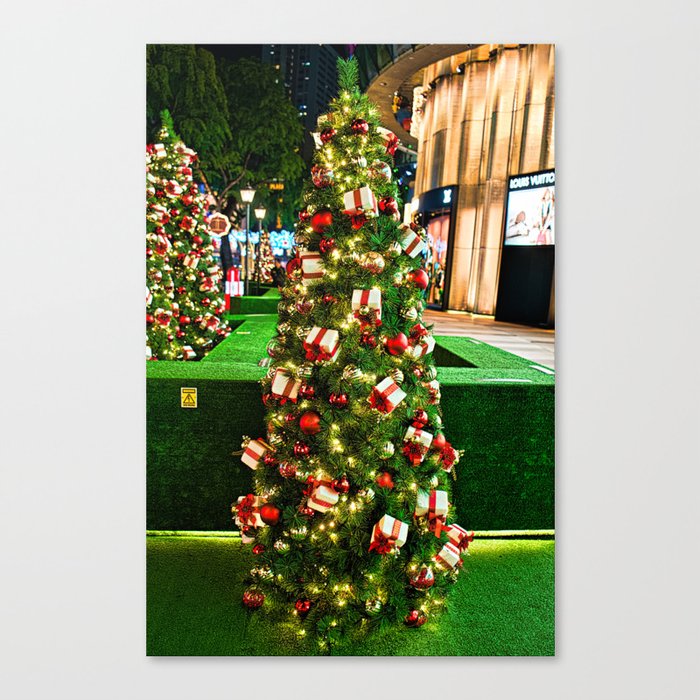 Green Christmas Tree With Gold Box Red Ribbon Ornaments Canvas Print By Worldshuttleexplorer Society6