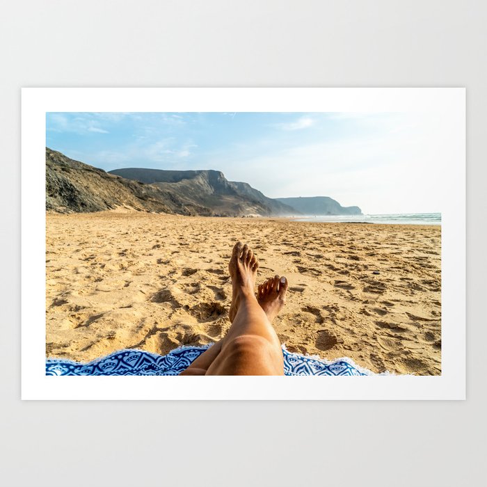 Woman Relaxing On Beach Beautiful Woman Travel Photo Ocean Beach In Portugal Algarve View Art Print By Radub85 Society6