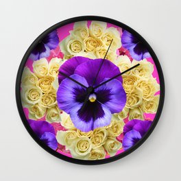 PURPLE PANSY FLOWERS & IVORY ROSES  PINK ART Wall Clock