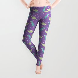 Cute Dinosaurs in Love, T-Rex is Giving a Heart to a Stegosaurus, Violet, Purple, Green, Mint Colors, Dinosaur Illustration and Pattern Leggings