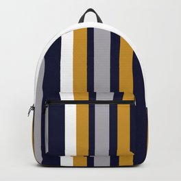 Modern Stripes in Mustard Yellow, Navy Blue, Gray, and White. Minimalist Color Block Backpack | Graphicdesign, Curated, Aesthetic, Vertical Stripes, Minimalist, Modern, Navy Blue, Striped, Mustard, Blue 