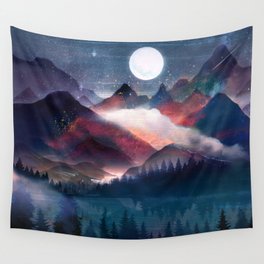 Mountain Lake Under the Stars Wall Tapestry | Painting, Moon, Pine, Blue, Curated, Reflection, Abstract, Illustration, Adventure, Forest 