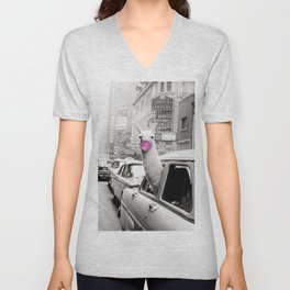 Perfect Pink Bubble Gum Llama taking a New York Taxi black and white photograph V Neck T Shirt