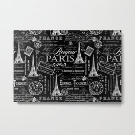 Vintage Paris French Lifestyle With Eiffel Tower Black And White Allover Pattern Metal Print | Text, Vintage, Eiffeltower, Nostalgic, Souvenier, Black, French, Century, White, Pattern 