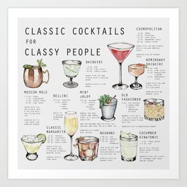 CLASSIC COCKTAILS FOR CLASSY PEOPLE Kunstdrucke | Cocktails, Food, Illustration, Drinks, Mixed Media, Curated, Recipe, Collage 