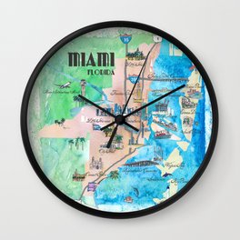 Miami Florida Fine Art Print Retro Vintage Map with Touristic Highlights Wall Clock