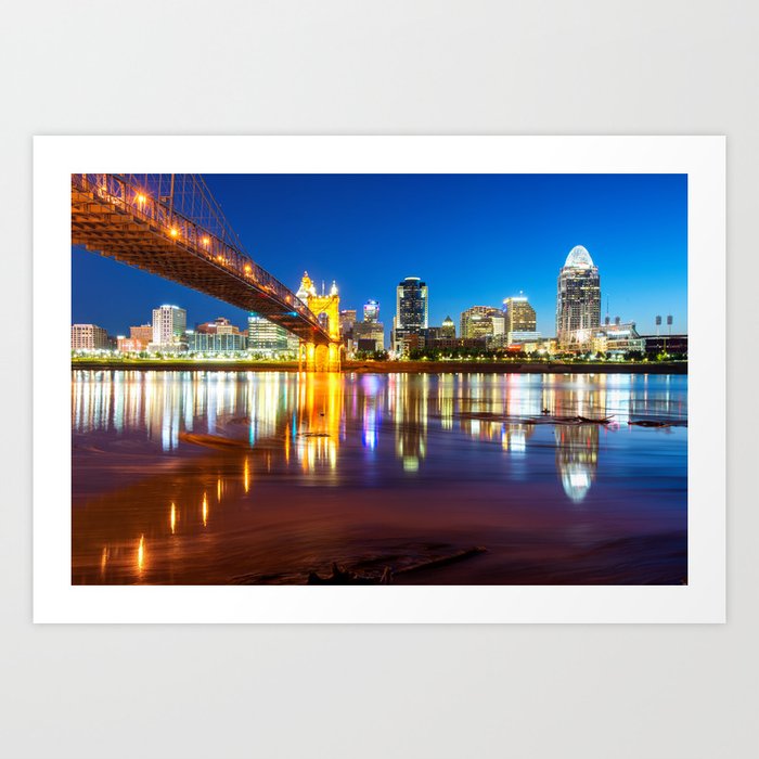 Ohio River Reflections Of The Downtown Cincinnati Skyline Art Print By Gregoryballosfineart Society6