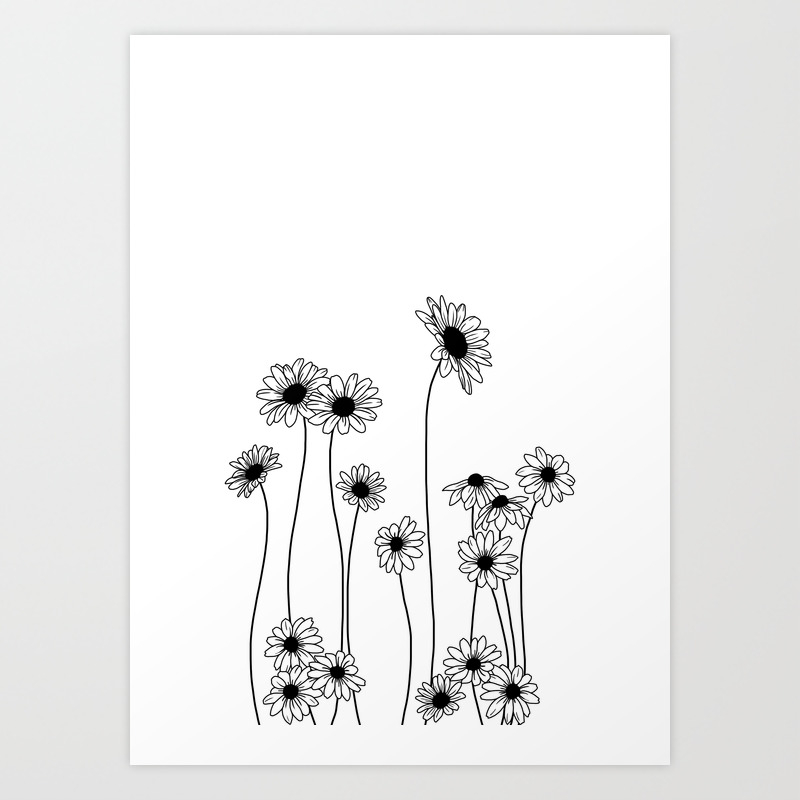 minimal line drawing of daisy flowers art print by thecolourstudy