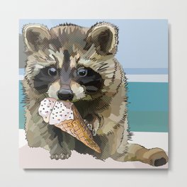 Raccoon Eating Ice-cream on the Beach | Summer Vacation | Cute Baby Animal Metal Print