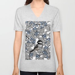 Chickadees on blueberry branches V Neck T Shirt