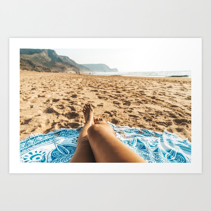Woman Relaxing On Beach Beautiful Woman Travel Photo Ocean Beach In Portugal Algarve Landscape Art Print By Radub85 Society6