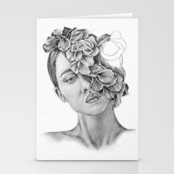 >Art Pencil Drawing Illustration Portrait Model Flowers Gift Wall Decor Stationery Cards By Kathrynlisa Society6