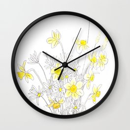 white daisy and yellow daffodils ink and watercolor Wall Clock
