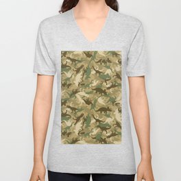 Camouflage Dinosaur Print Olive Green Khaki Tan V Neck T Shirt