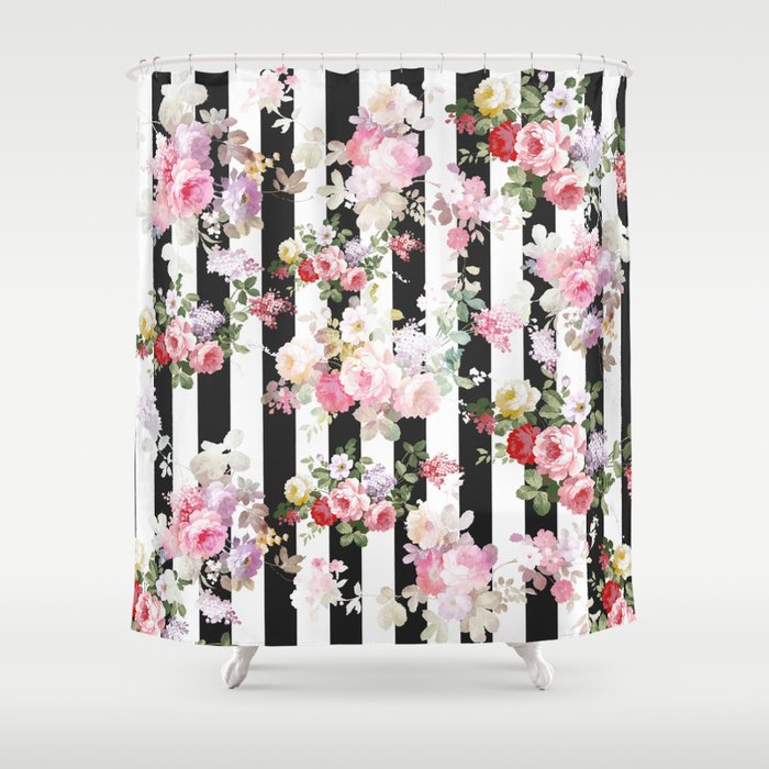 Bold Pink Watercolor Roses Fl Black, Black And White Flower Shower Curtain
