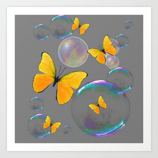 Iridescent Bubbles Yellow Butterflies Grey Art Art Print By