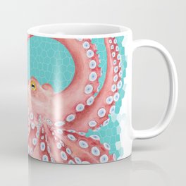 Red Octopus Teal Watercolor Stained Glass Coffee Mug